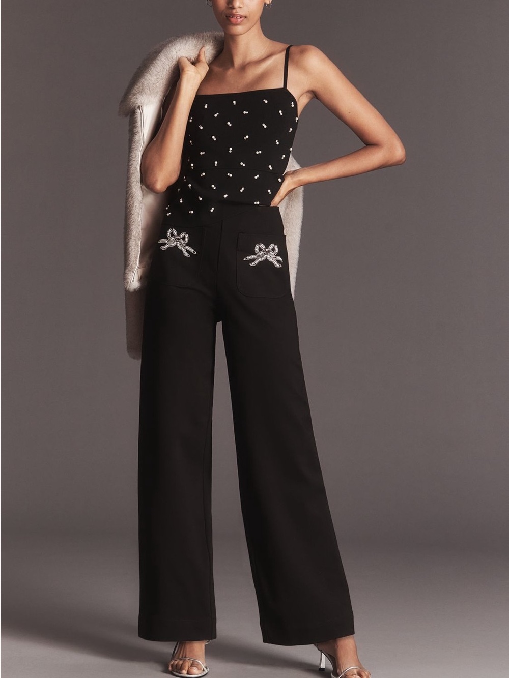 Anthropologie Maeve the Collette Black Wide-Leg Bow sequined embroidered pant